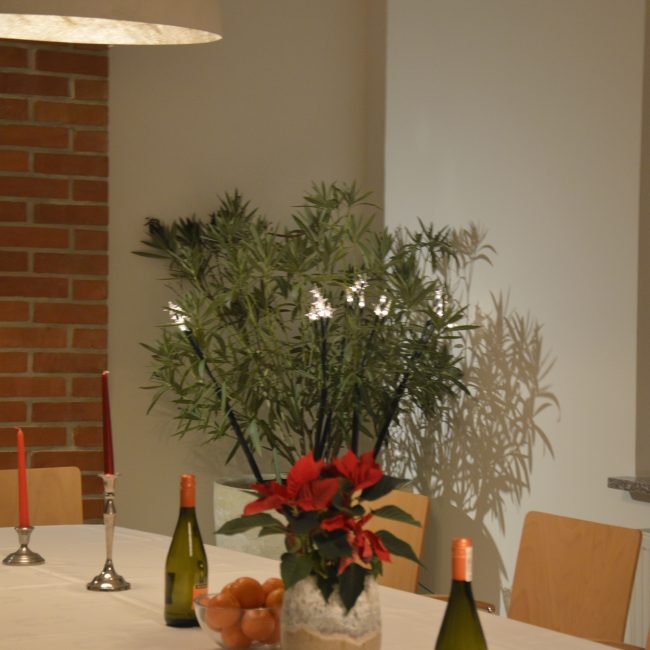 Kolacja w sali biesiadnej, spędzanie czasu ze znajomymi i rodziną, ceglana ściana, kwiaty, agroturystyka w Gorczańskim Parku Narodowym