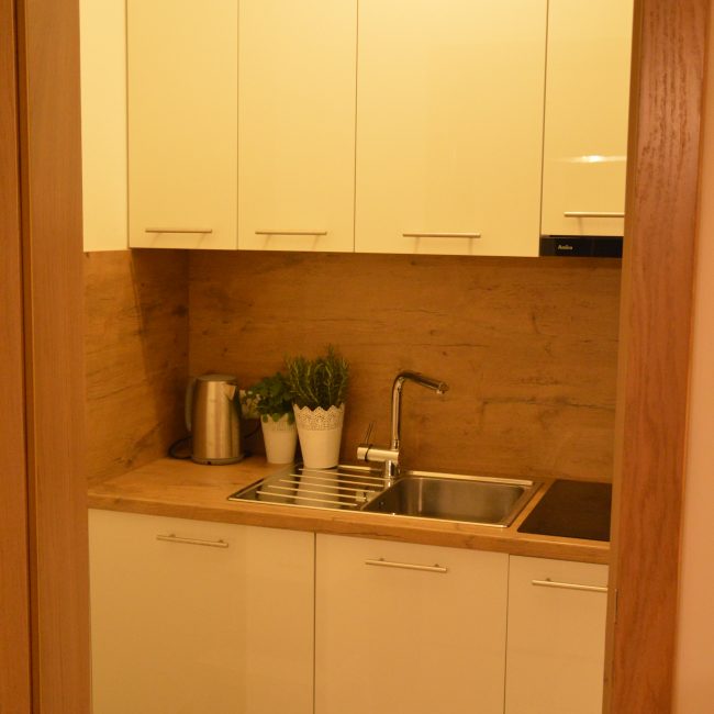 Mały aneks kuchenny z białą kuchnią, drewnianym blatem i srebrnym kranem w sali biesiadnej, Apartamenty Agroturystyczne Papiernia, noclegi w górach