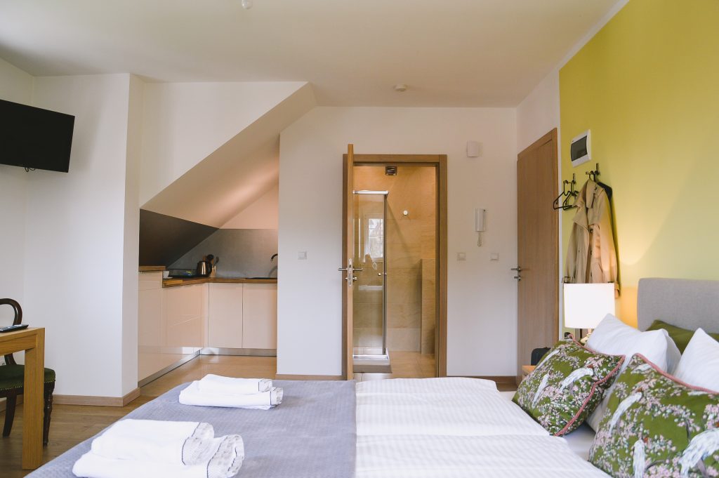 Zielony apartament z poduszkami w papugi - nowoczesność połączona z antykami Poduszki w papugi, zielony sielski apartament, stylowe meble, nowoczesność połączona z antykami, agroturystyka małopolska, podhale